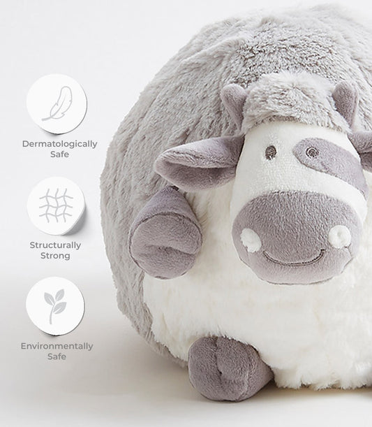 Soft chubby cow plush toy in white and grey, dermatologically safe and structurally strong for babies and kids