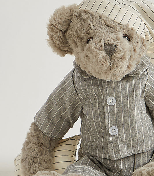 Soft grey striped pajama teddy bear with matching sleep cap, perfect for kids and babies