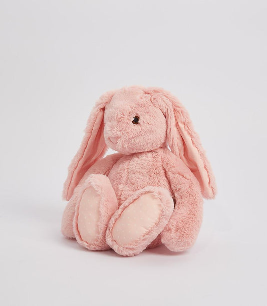 Soft pink plush bunny with floppy ears and polka-dot accents for babies and kids