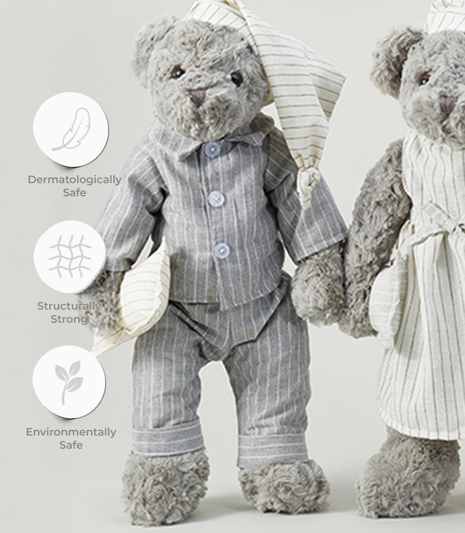 Bedtime Bears couple plush toys in grey striped pyjamas and dress with safety certifications