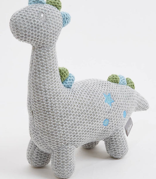 Handcrafted crocheted grey dinosaur plush toy with blue and green details for babies and kids