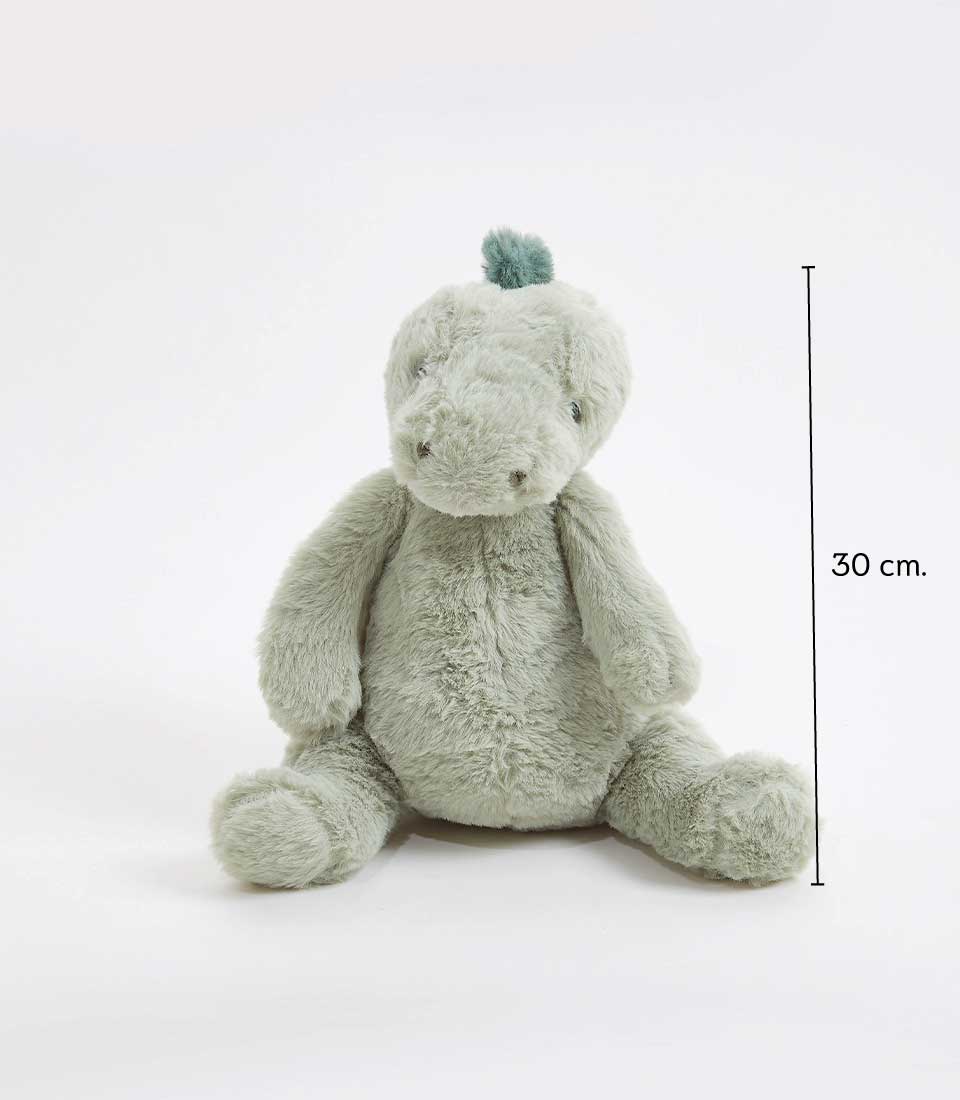 Soft green plush dinosaur toy, 30cm cuddly companion for babies and children