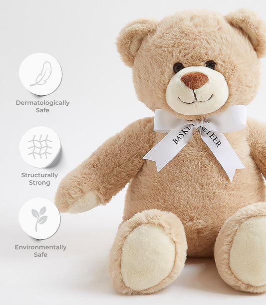 Soft brown plush teddy bear with white satin ribbon bow, dermatologically safe cuddly toy for babies and kids