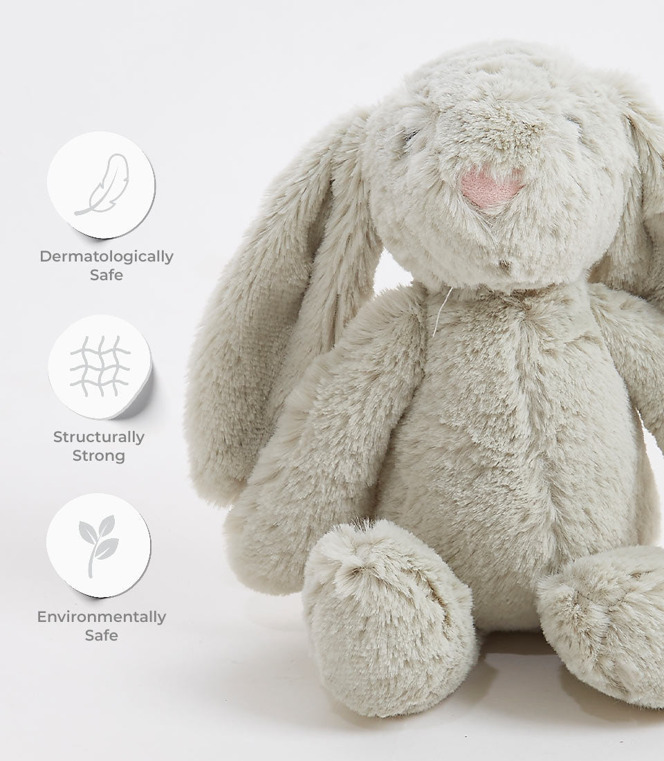 Soft gray plush bunny toy with floppy ears for babies and kids, dermatologically safe and eco-friendly