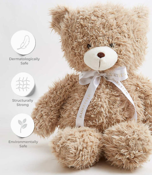 Fluffy light brown teddy bear with satin ribbon bow, dermatologically safe soft toy for babies and kids
