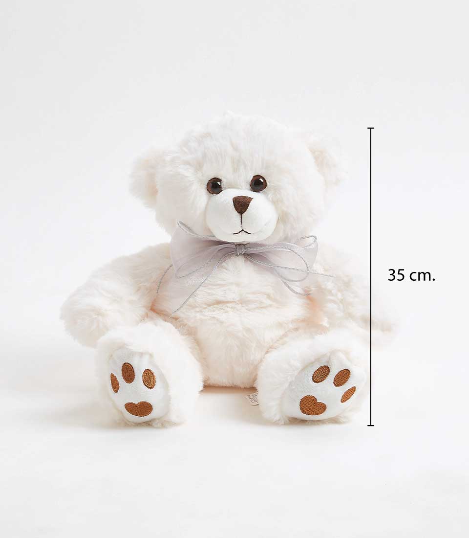Fluffy white plush teddy bear with embroidered paw pads and grey ribbon bow, 35 cm tall