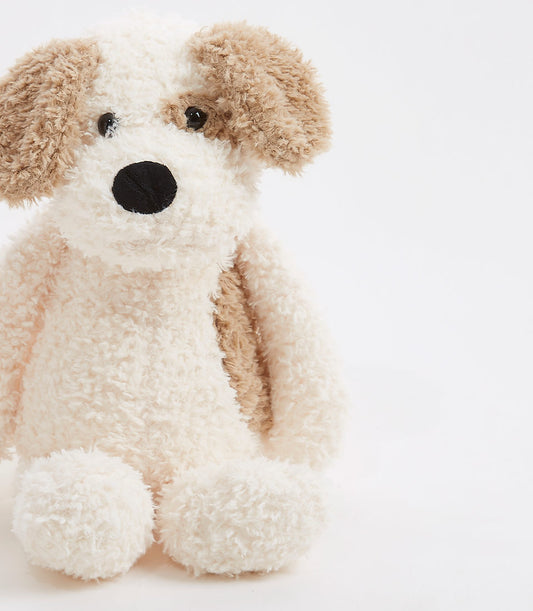 Beige plush puppy soft toy with cream fur and brown patches, perfect for babies and kids