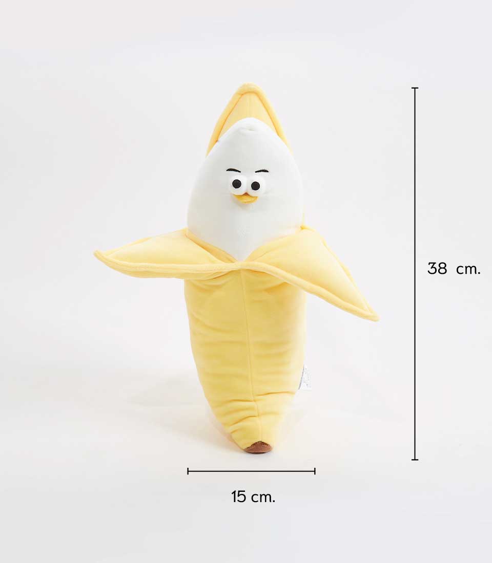 Cheerful yellow plush banana toy with peeled sections and embroidered face, 38cm soft cuddly gift for babies and kids