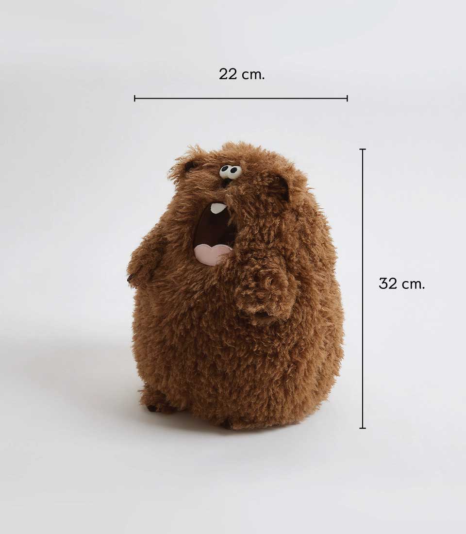 Shaggy brown plush teddy bear soft toy with wide smile, 32cm tall