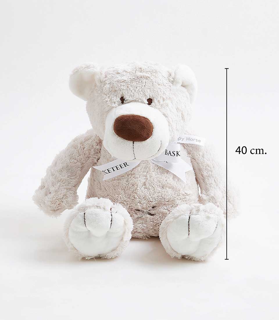 Plush beige teddy bear with white ribbon, 40 cm soft toy for kids and babies