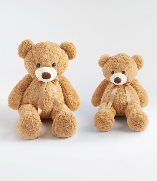 Cuddly twin brown teddy bears with satin ribbon bows, perfect Valentine's Day gift for kids