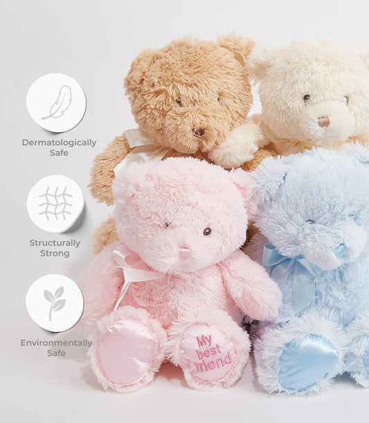 Plush teddy bear collection in cream, light brown, pink, and blue with satin ribbon bows, dermatologically safe soft toys