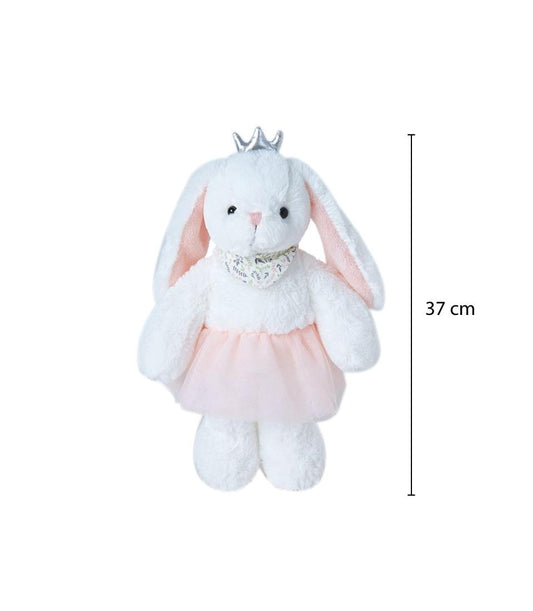 Soft white plush bunny with pink tulle skirt and floral bandana, 37cm tall newborn gift hamper