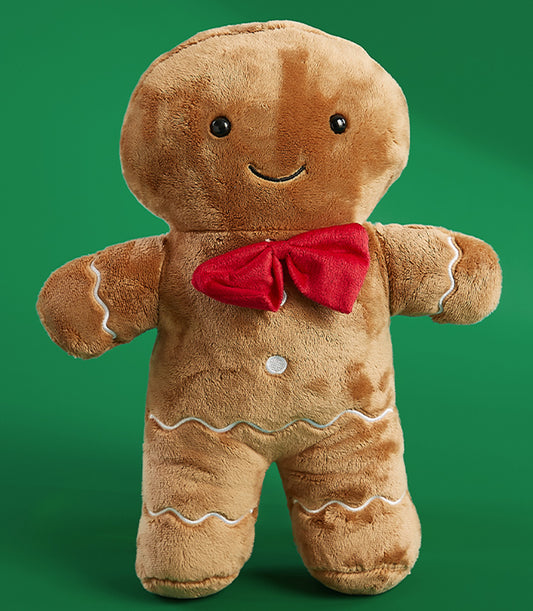 Plush gingerbread man doll with red bow tie and white icing details, festive Christmas gift toy