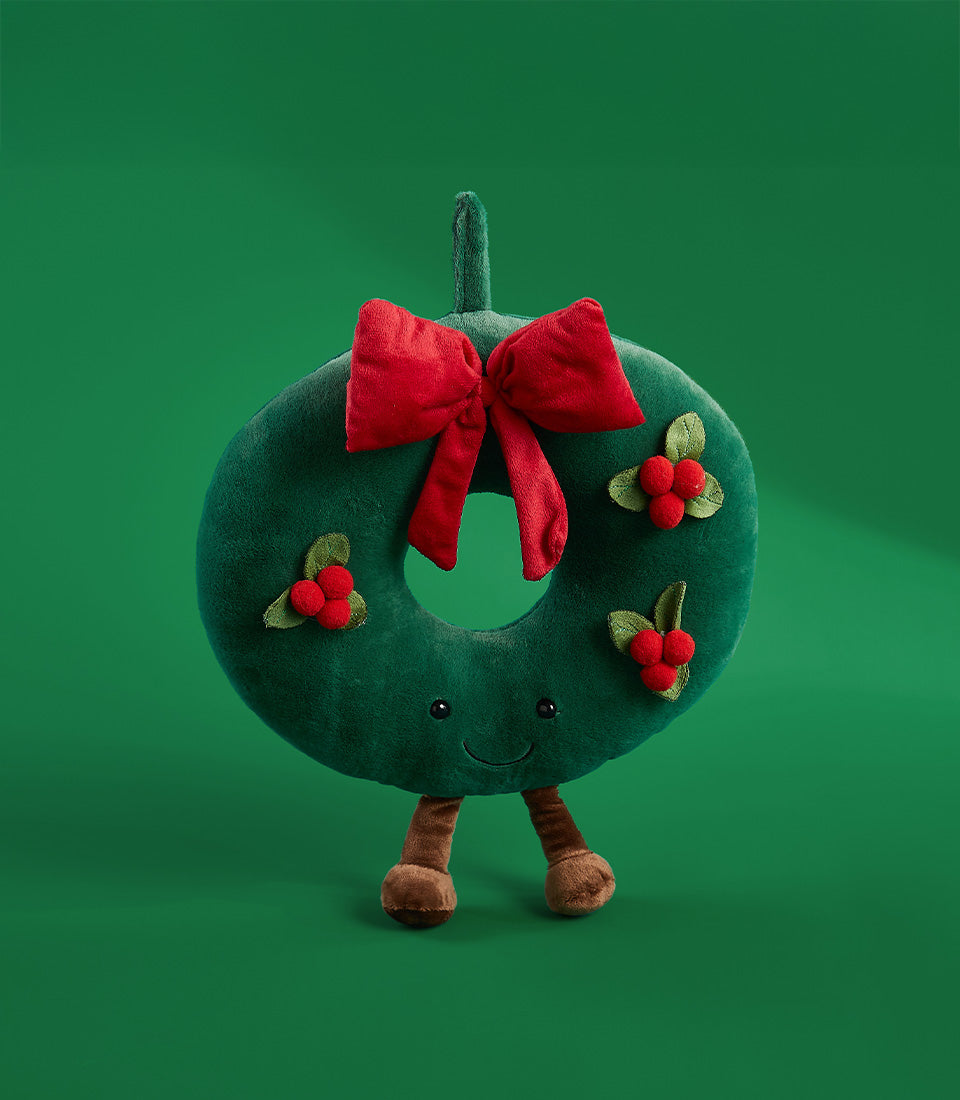 Plush green Christmas wreath toy with red bow and berry clusters, 45cm festive gift add-on