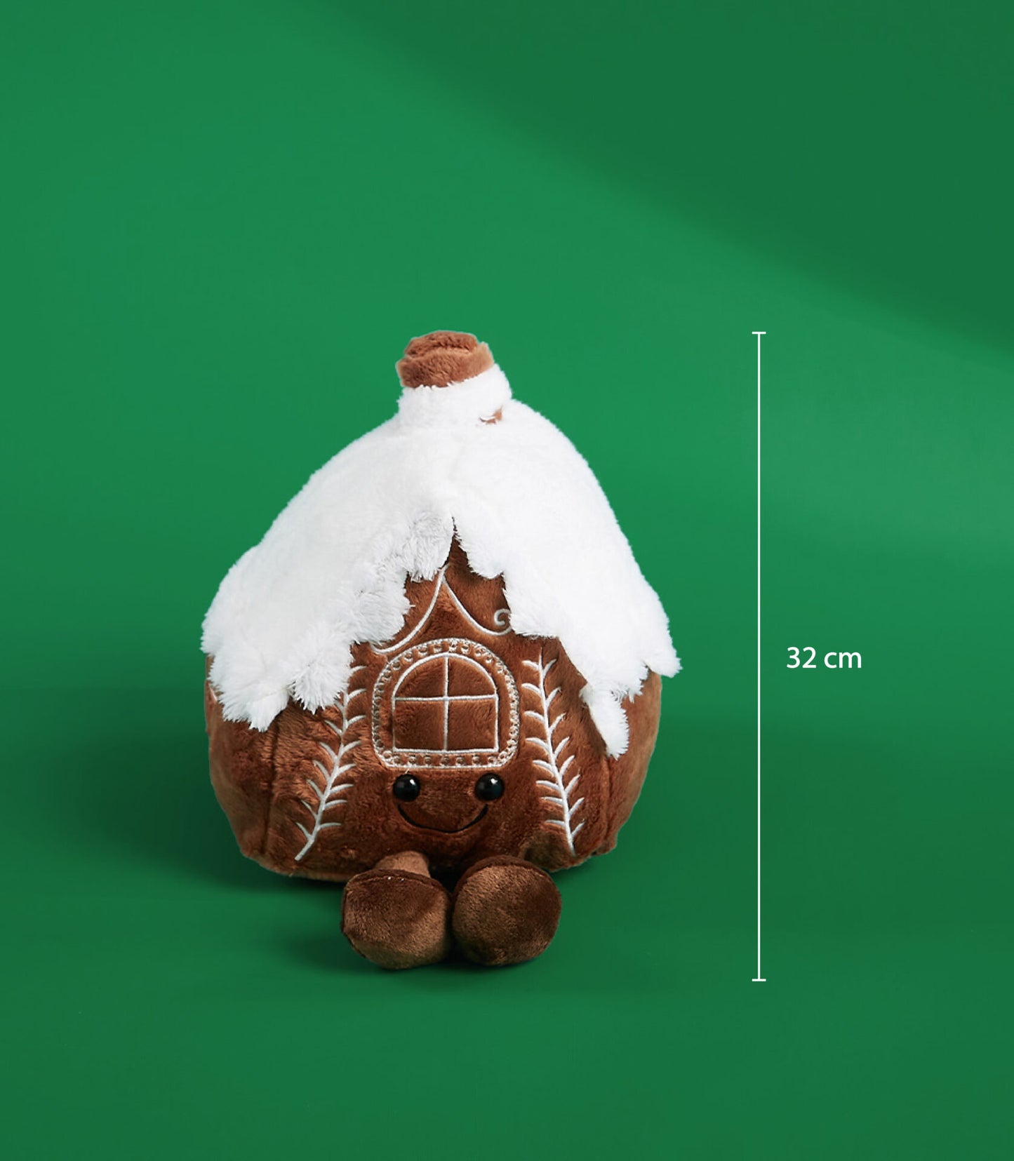Snowy gingerbread house plush toy with white icing details and fluffy roof, 32 cm Christmas gift