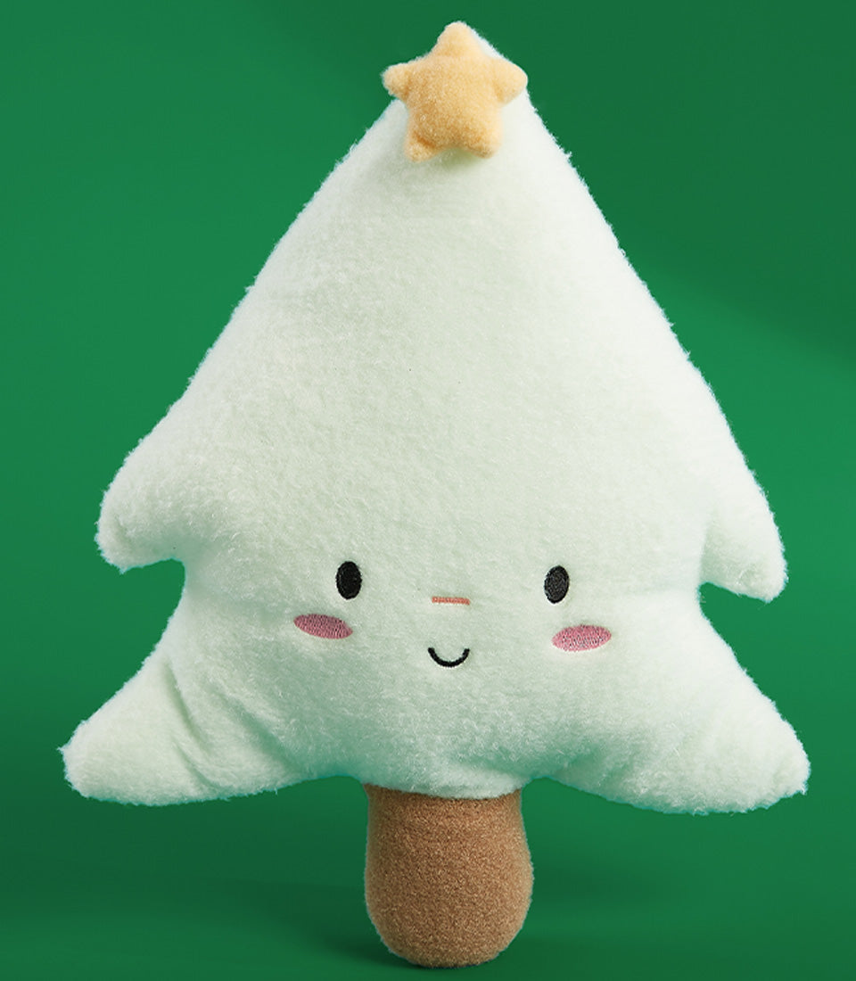 Plush Christmas tree doll with embroidered face and yellow star, soft green fabric with brown trunk