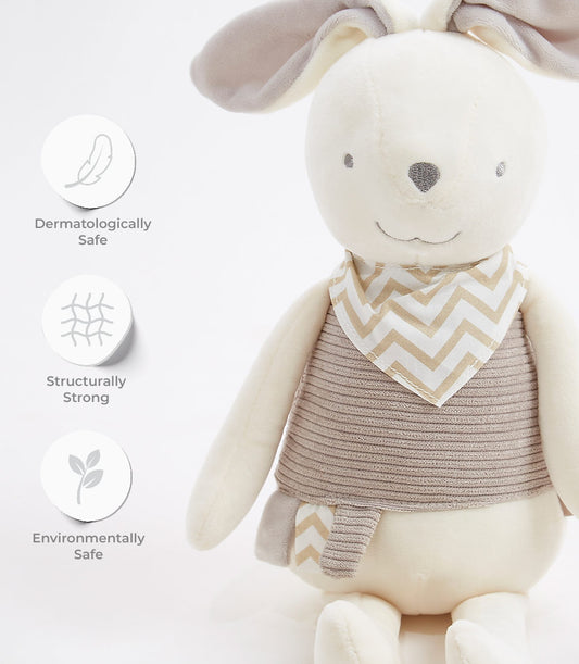 Soft gray and cream plush bunny with chevron bib, dermatologically safe cuddle toy for babies and kids