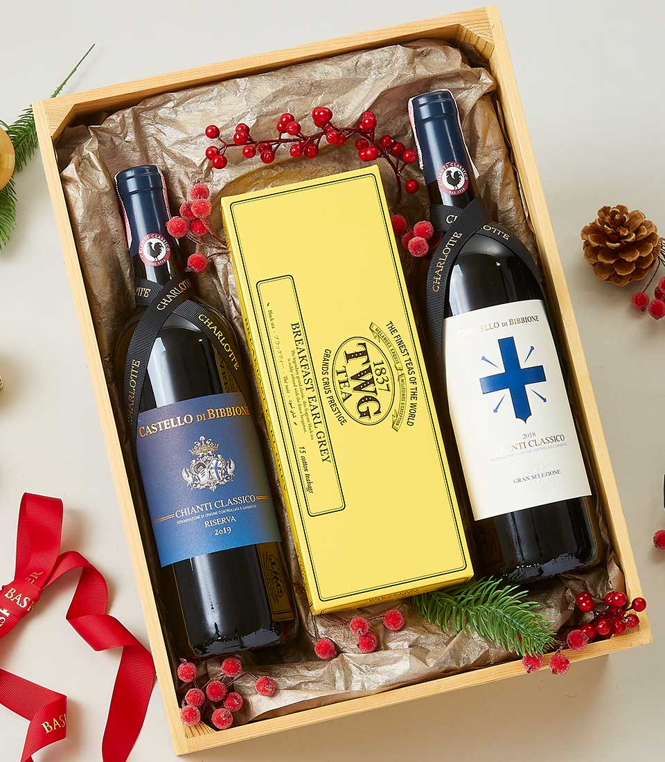 Premium Italian Chianti wine and TWG tea gift set in wooden crate with festive red berries and pine