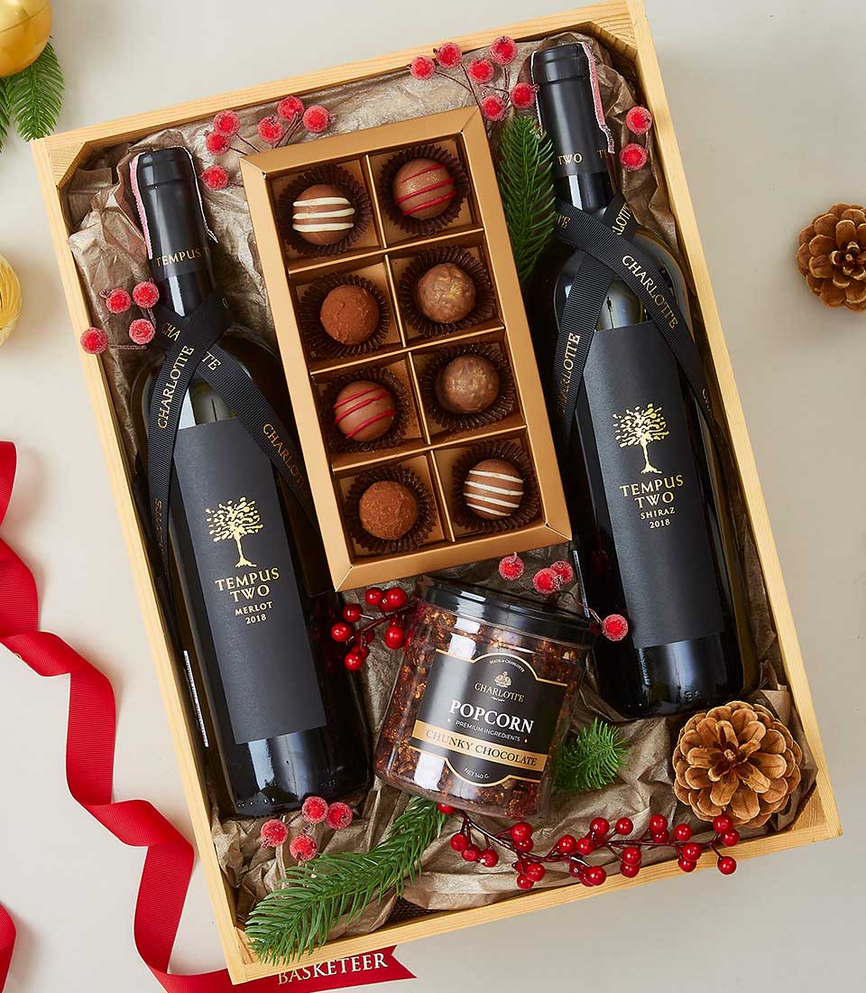 Tempus Two wine and chocolate luxury gift hamper with Merlot and Shiraz in wooden crate, festive holiday gifting