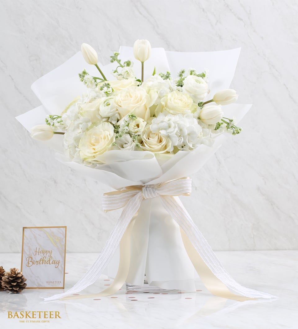 Premium white rose and ranunculus bouquet with cream ribbon, fresh Ecuador blooms for gifting