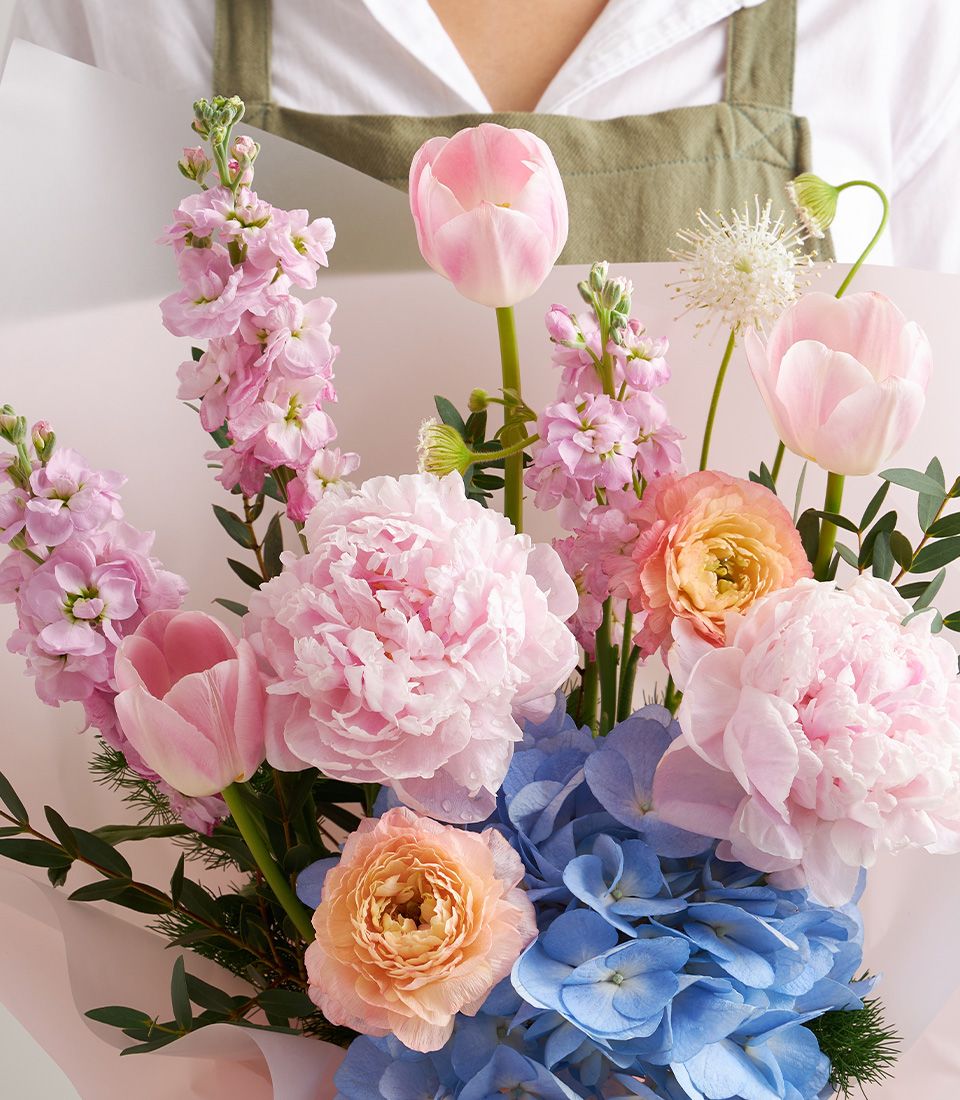 Blush Serenity pastel flower bouquet with pink peonies, tulips, and hydrangeas for birthday gifts