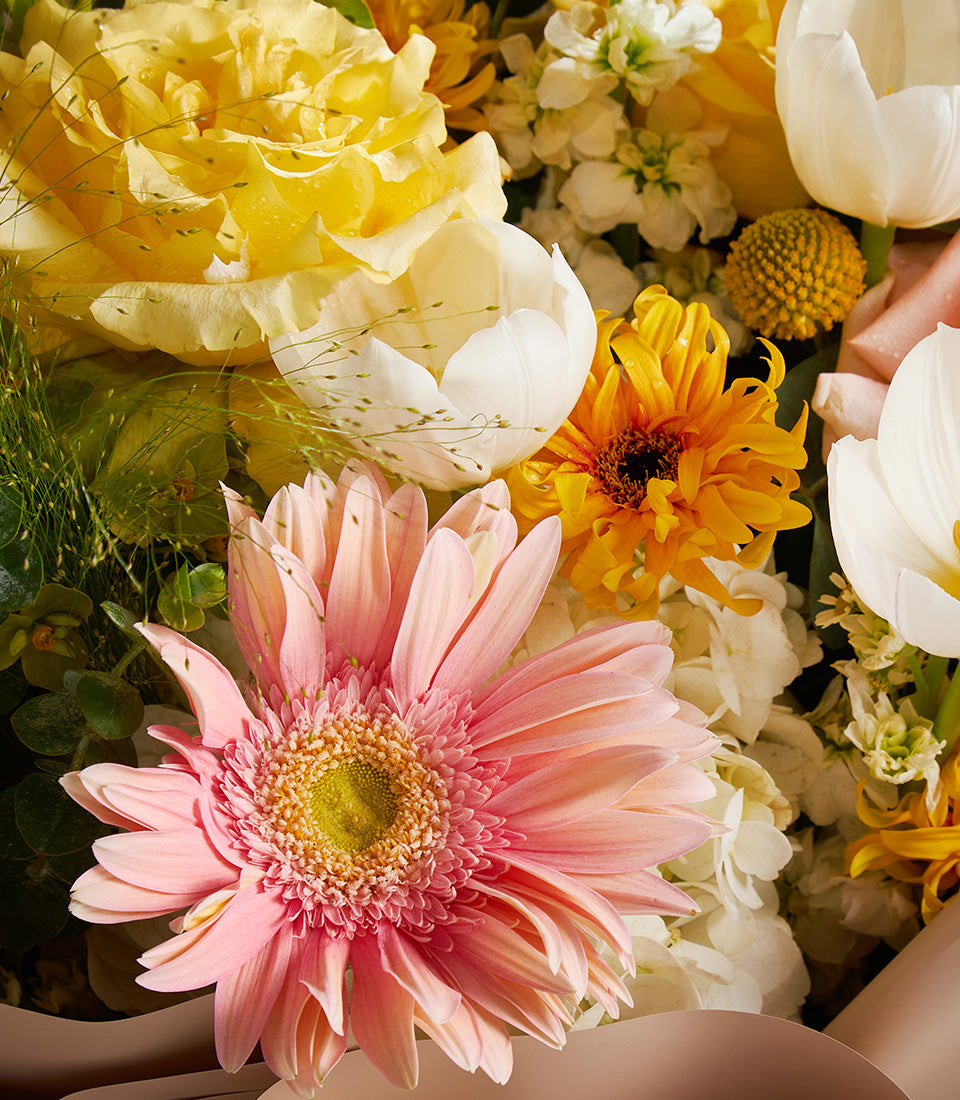 Vibrant mixed flower bouquet with pink gerbera, yellow roses, white tulips, and green foliage in beige wrapping