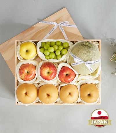 Seasonal Japanese Fruits Selection wooden gift box with apples, pears, grapes and melon