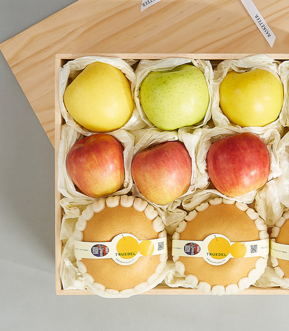 Premium fresh fruit gift box with Japanese apples and Asian pears in natural wood crate
