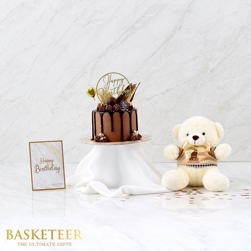 Chocolate ganache cake with teddy bear and birthday card gift combo set