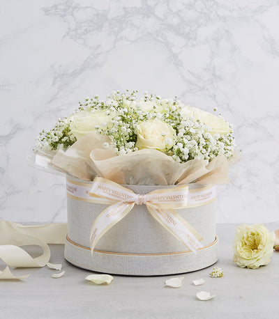 White roses and baby's breath luxury floral box with gold trim, Valentine's Day gift