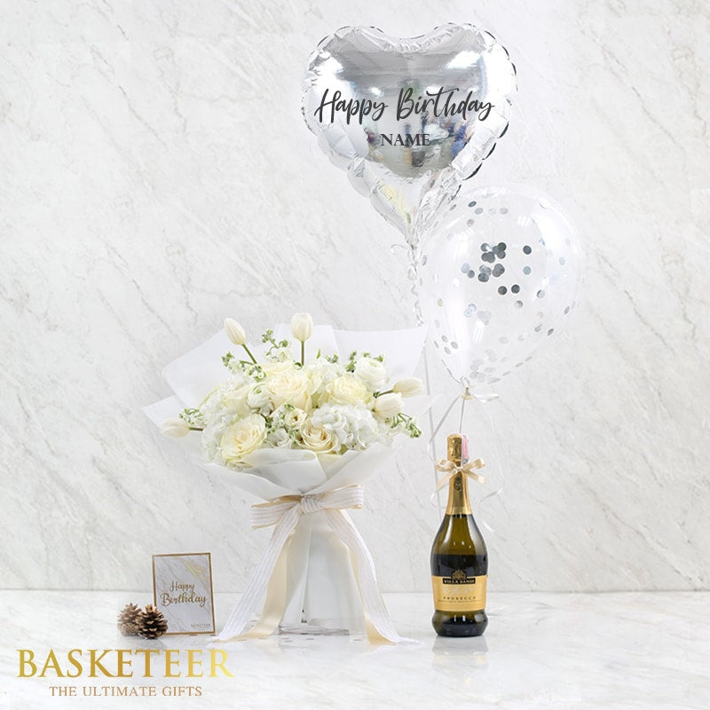Luxury white bloom bouquet with Prosecco sparkling wine, silver heart balloon, and confetti balloon gift set