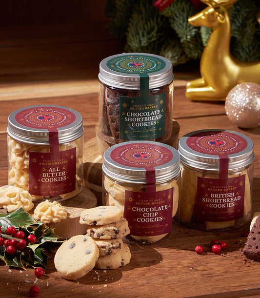 Classic British cookie collection in glass jars with festive holiday packaging and chocolate shortbread, butter, and