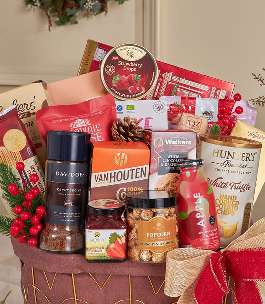 Deluxe red gourmet snack basket with chocolate, coffee, strawberry spread, and caramel popcorn for New Year gifting