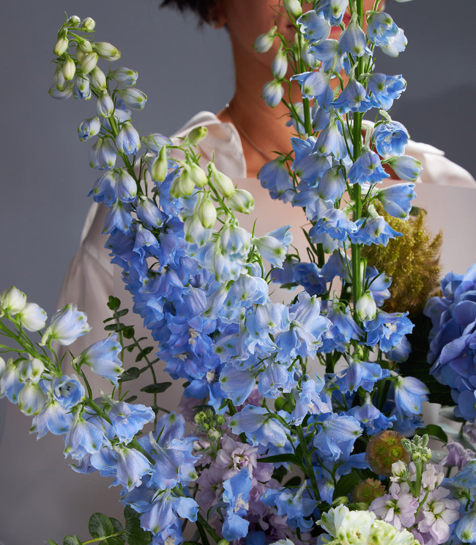 Premium blue delphinium and hydrangea bouquet with purple accents for gifting