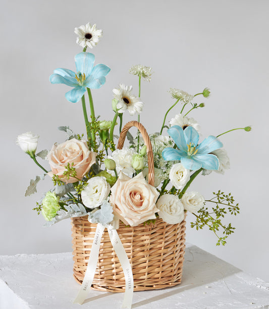 Light blue tulips, white roses, and white gerberas in woven wicker basket with cream ribbon, perfect for birthday