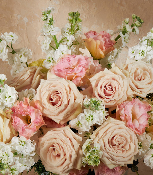 Light pink and cream roses with white stock and pink eustoma in elegant fresh flower arrangement