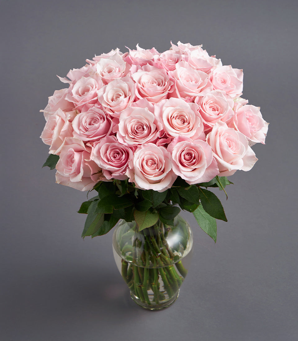 Soft pink roses in clear glass vase, luxury birthday flower gift arrangement