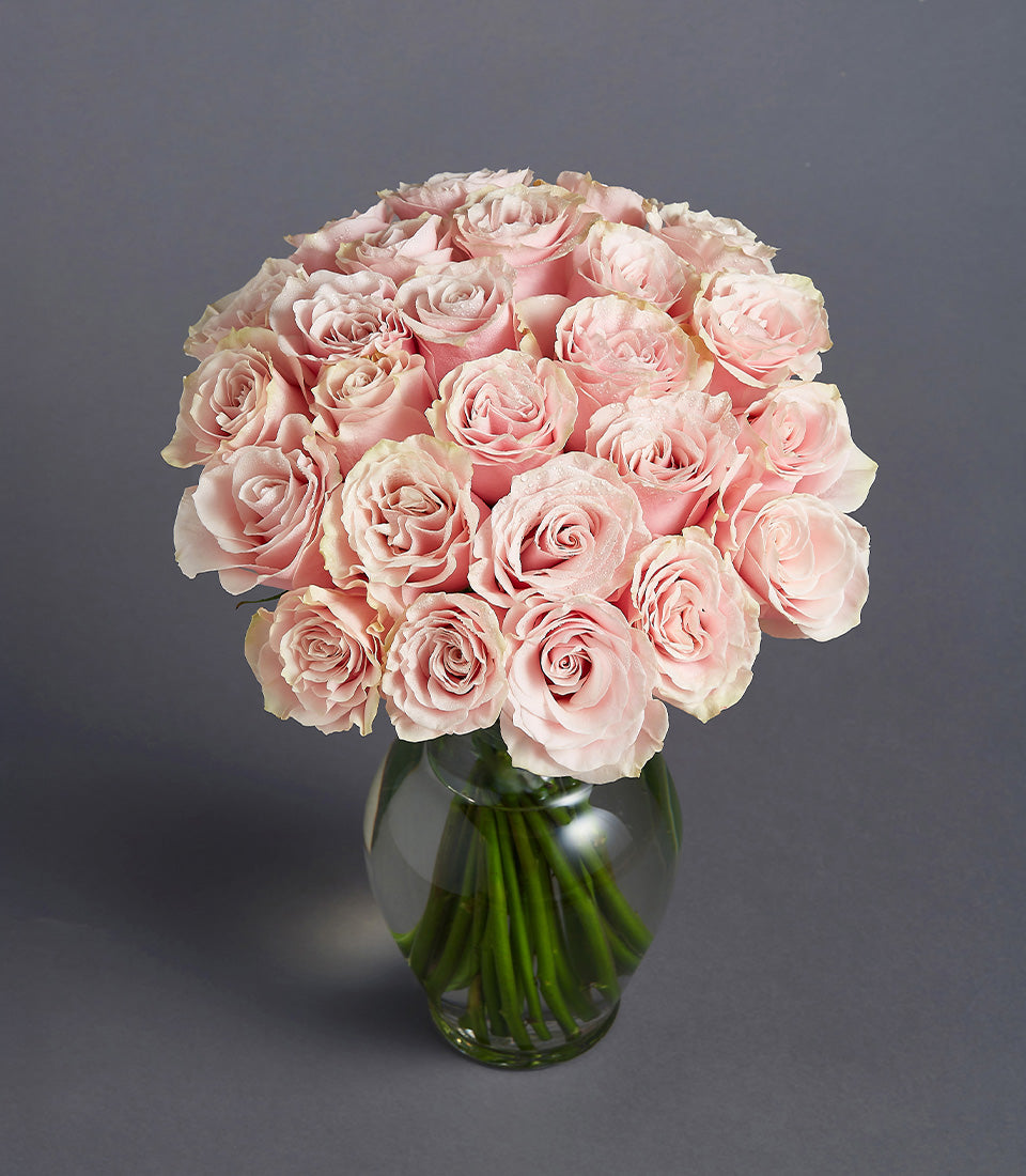 Light pink roses in clear glass vase, get well flower gift arrangement