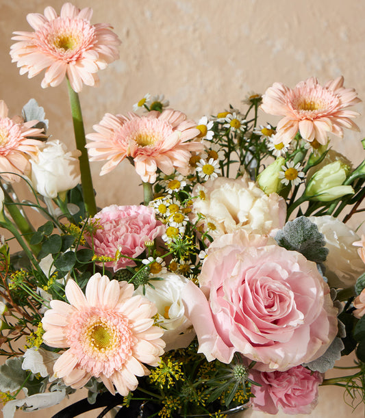 Blush Harmony fresh flower vase arrangement with pink gerberas, roses, lisianthus, and cream blooms