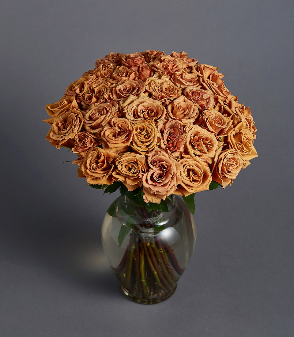 Toffee-colored rose bouquet in clear glass vase, 70+ premium roses in earthy cappuccino tones