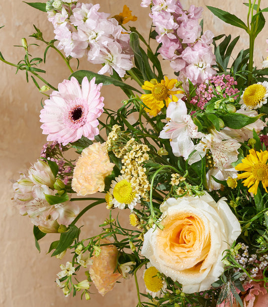 Pastel Garden Symphony fresh flower arrangement with pink gerbera, cream roses, and yellow daisies in vase
