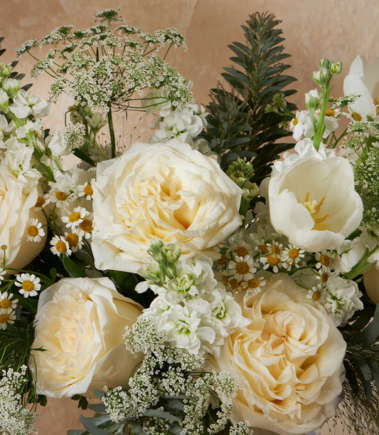 Cream roses and white tulips with Queen Anne's Lace in lush garden-style vase arrangement