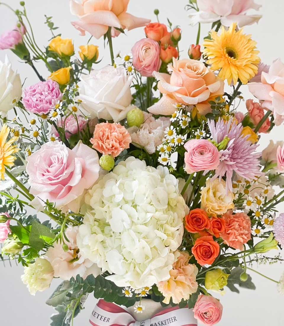 Vibrant mixed flower vase with white hydrangeas, roses, gerberas, and ranunculus in white container with striped ribbon