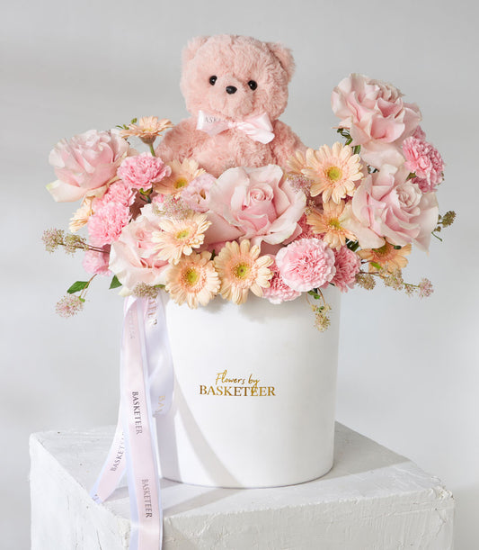 Pink Mondial roses and blush teddy bear in premium white flower box gift