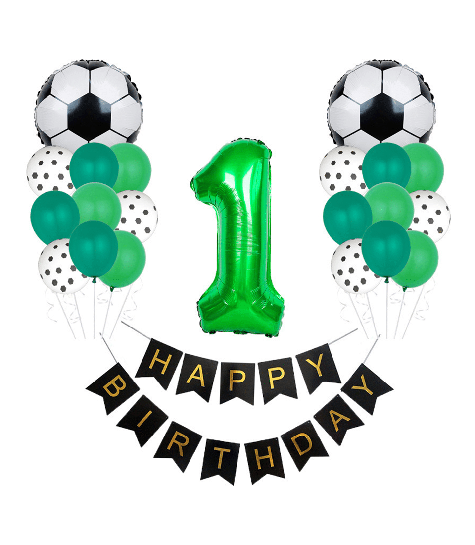 Green soccer balloon first birthday party decoration set with number "1" and happy birthday banner