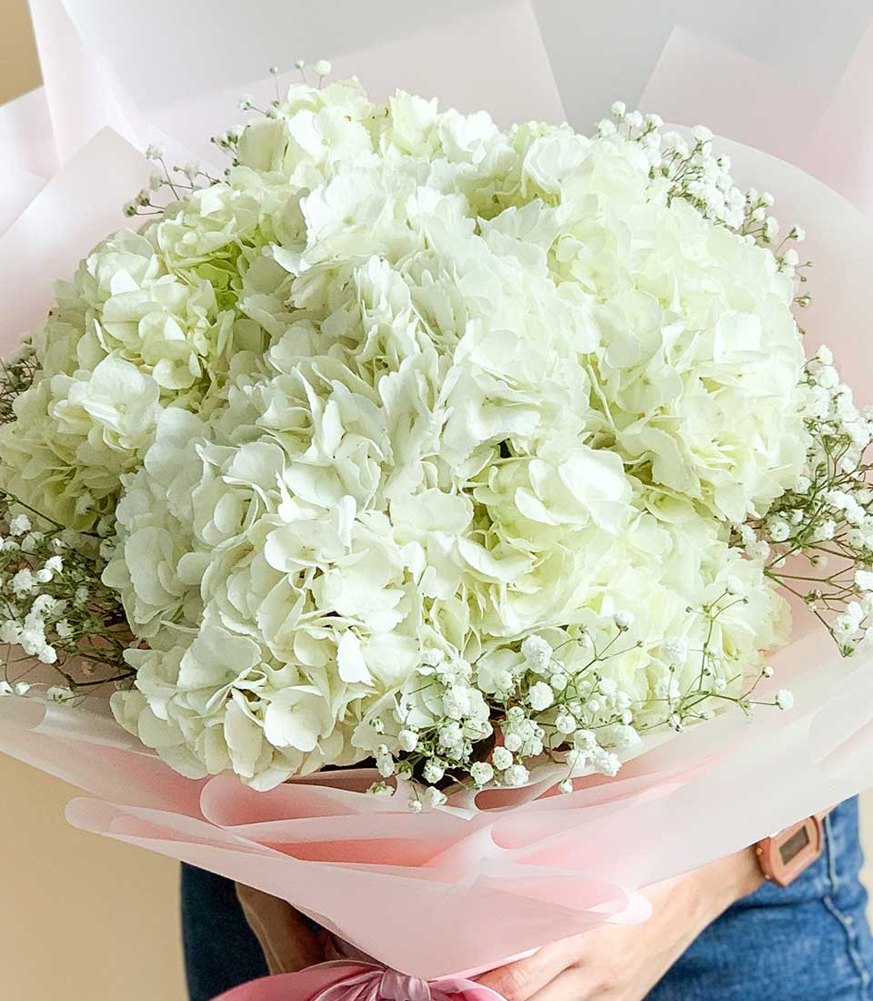 Generous white hydrangea bouquet with baby's breath and pink wrapping