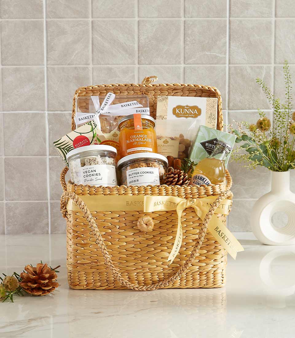 Golden Sunshine luxury gift basket with gourmet treats, marmalade, cookies, and fresh flowers for New Year