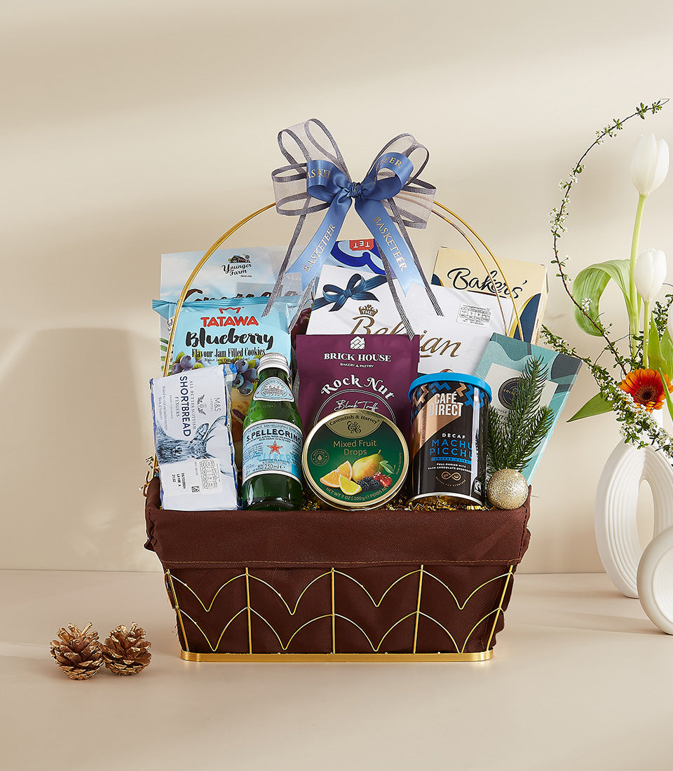 Blue Harmony luxury gourmet gift basket with sparkling water, shortbread, coffee, and gourmet snacks for New Year