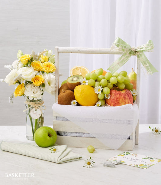 Fresh fruit wooden crate with white daisies and white-yellow roses bouquet, get well gift set